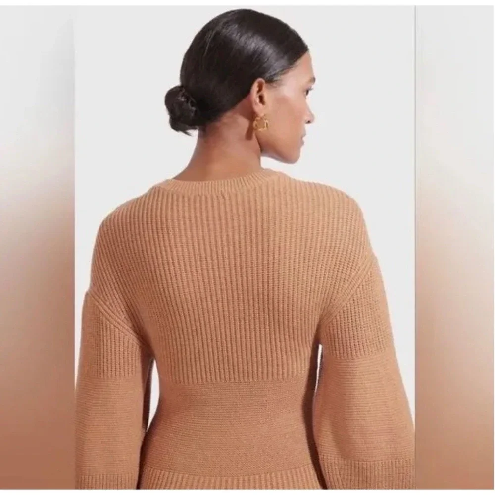 Staud Marylebone Sweater Dress XS – Camel Knit Balloon Sleeve Ribbed Mini - Picture 2 of 8